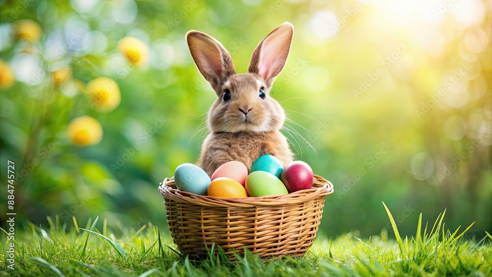 Poster Easter bunny holding a colorful basket filled with eggs, Easter, bunny, basket, eggs, holiday, celebration, spring, cute