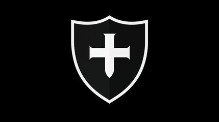 Obraz premium Black Shield with White Cross Symbol on Black Background