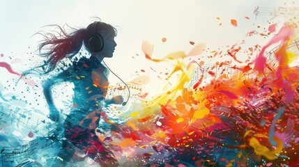Fototapeta premium Colorful Abstract Silhouette of Woman Listening to Music with Headphones and Flowing Paint Splashes