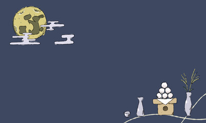 夜空のお月見背景イラスト、月見団子とともに。ペン画風の手描きタッチ。　月にはうさぎの影。模様付き。