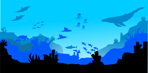 silhouette of fish and algae on the background of reefs. panoramic wallpaper with the underwater