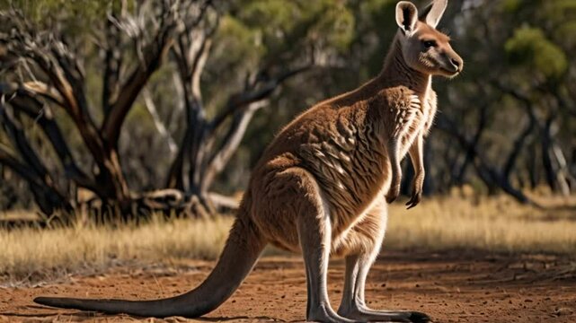 A strong and agile kangaroo hops with a muscular form. The creature's fur glistens in the sun, a rich blend of browns and greys, showing off its strong build.