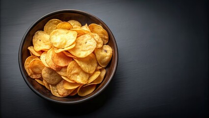 Crispy potato chips in bowl with salt on black background, top view , snack, crunchy, salty, chips, crispy