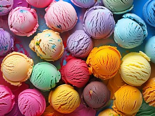 25 Colorful ice cream scoops, closeup, vibrant backdrop, detailed texture