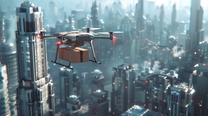 A delivery drone flies over a modern cityscape, highlighting the future of urban logistics and transportation technology.