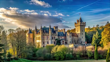 Obraz premium Ancient castle in the forest with exquisite historical architecture against a blue sky , Castle, forest
