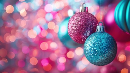 Fototapeta premium Festive and glittery Christmas baubles hanging, with a colorful bokeh background, creating a joyful holiday atmosphere.