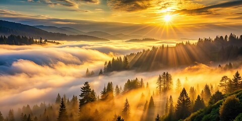 Obraz premium Sunrise in the misty mountain forest, with golden sunlight filtering through the fog , Sunrise, mountains, mist, trees