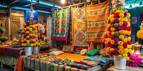 Surreal display stand mockup in a traditional Indian market with vibrant henna textiles, flowers