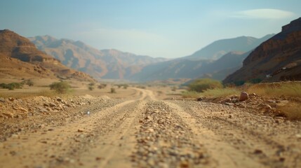 Rocky dirt road stretches into arid desert landscape, framed by rugged mountains under a clear blue sky.