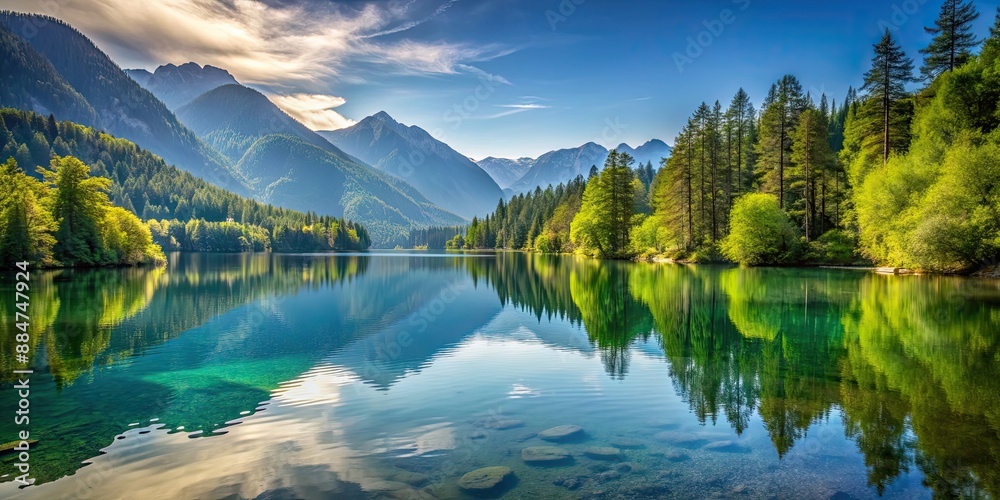 Canvas Prints Background of a serene lake surrounded by mountains and trees, serene, lake, mountains, trees, nature, tranquil