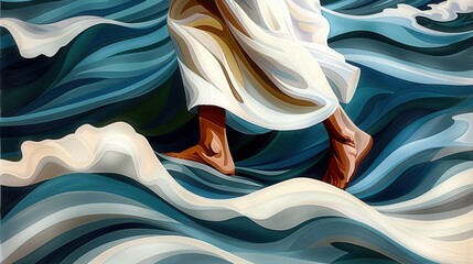 illustration Jesus Christ walking on water, ocean waves, sun in background colorful, bright pastel colors