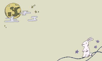 星で彩る、お月見の背景イラスト、うさぎとともに。ペン画風の手描きタッチ。　月にはうさぎの影。　模様付き。