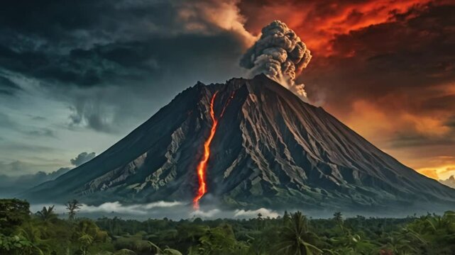Mount Merapi, a tall volcano, stands tall against the sky. This painting shows fiery reds and oranges against dark clouds. Every crack and crevice of the mountain is shown in amazing detail. This imag