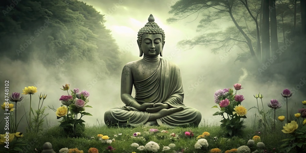 Poster Serene Buddha meditating with celestial beings offering flowers, spiritual, tranquil, meditation, Buddha