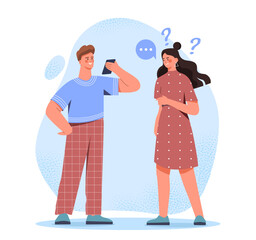 Man ignores woman. Young guy with phone does not notice young girl. Problems in relationships. Negative feelings and emotions, loneliness. Flat vector illustration isolated on white background