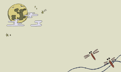 星で彩る、お月見の背景イラスト、とんぼとともに。ペン画風の手描きタッチ。　月にはうさぎの影。　模様付き。 © chockwhooll