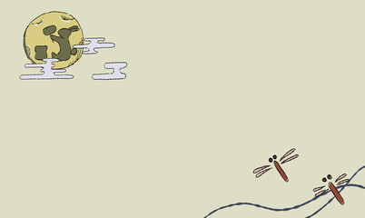 ベージュのお月見の背景イラスト、とんぼとともに。ペン画風の手描きタッチ。　月にはうさぎの影。模様付き。 © chockwhooll