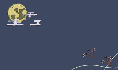 夜空のお月見背景イラスト、とんぼとともに。ペン画風の手描きタッチ。　月にはうさぎの影。模様付き。 © chockwhooll