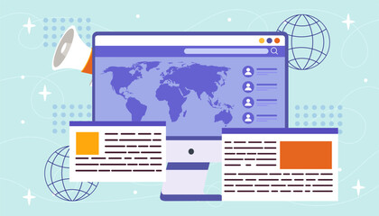 Internet mass media concept. Computer monitor with articles. Mass media and journalists content. Online knowledge and information. Flat vector illustration isolated on blue background