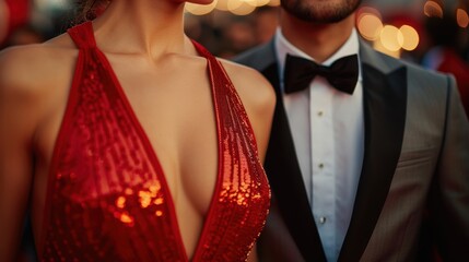 A glamorous couple dressed in evening attire, capturing the elegance and sophistication of a formal event.