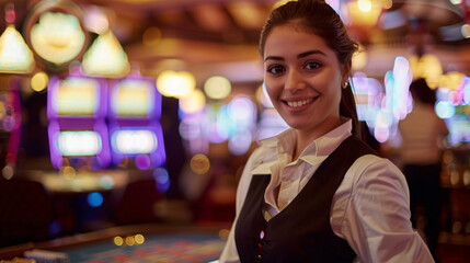 Jubilant latin Female Casino Host or greeter welcomes the casino player on coming , las vegas, miami, casino concept. Modern Entertainment Industry