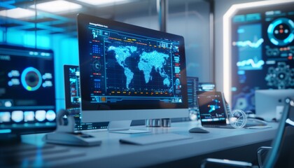 Naklejka premium Futuristic Corporate Efficiency: AI-Driven Performance Monitoring Revolutionizing Business Outcomes