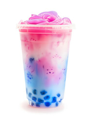 Neon Dream Bubble Tea in Gradient Pink and Blue with Glowing Tapioca Pearls in Transparent Plastic Cup