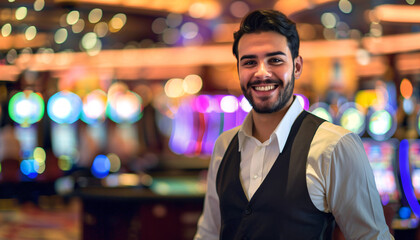 Jubilant Hispanic Casino Host or greeter welcomes the casino player on coming , las vegas, miami, casino concept. Modern Entertainment Industry