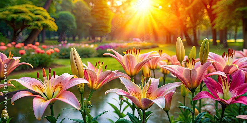 Wall mural Beautiful lilies blooming in a serene park setting, lilies, park, flowers, nature, blooming, serene, outdoors, garden