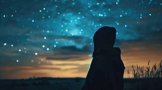 A hooded figure stands under a clear starry night sky, gazing into the distance with twinkling stars above. - Powered by Adobe