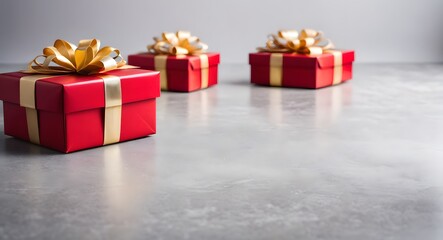 Red Christmas gift boxes with gold bow on light gray blurred holiday background, store sale design, giveaway design, online store gifts banner.