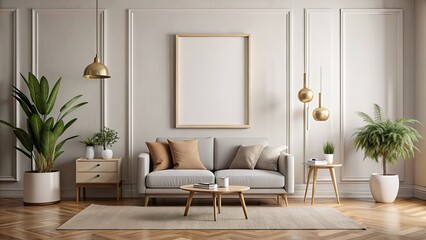 Empty frame mockup hanging in a stylish living room wall poster mockup, empty frame, mockup, living room