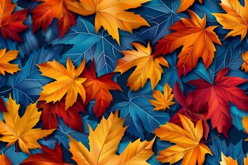 Autumn leaves pattern the background. A close-up of numerous vibrant autumn leaves, displaying hues of red, orange, yellow, and blue.