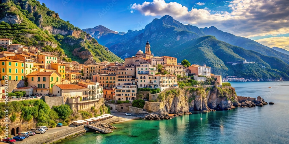 Wall mural Scenic 1950s Italian coastal town with stunning mountain vista, Italy, vintage, 1950s, coastal, town, Mediterranean