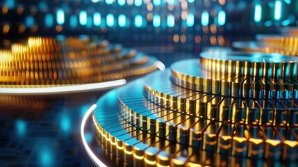 Close-up of digital cryptocurrency coins reflecting golden light, symbolizing the futuristic financial technologies and blockchain systems.