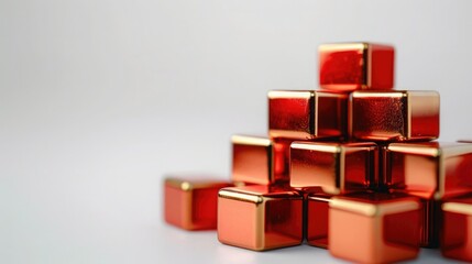 Stack of shiny red cubes with a metallic finish arranged in a pyramid formation on a neutral background.