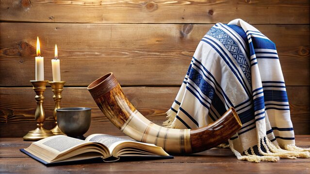Yom Kippur symbols featuring a tallit, Torah, and Shofar , Yom Kippur, Jewish, religious, symbols, tallit