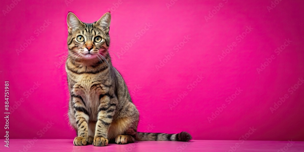 Poster Playful tabby cat sitting on a vibrant pink background, tabby, cat, playful, pet, domestic, feline, pink, background, vibrant