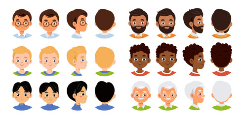 Set of men heads. Images for users avatar in social networks. Communication online. Different young guys profiles in messengers. Flat vector collection isolated on white background