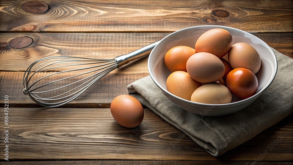 Poster Eggs and bowl for mixing of eggs for cooking omelet, eggs, bowl, mixing, cooking, omelet, kitchen, ingredients, preparation