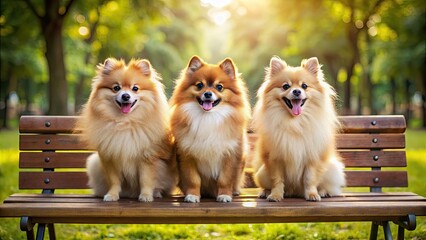 Cheerful Pomeranians sitting on a bench in a park, Pomeranian, happy, cute, fluffy, small dogs, pets, cheerful, playful, sitting