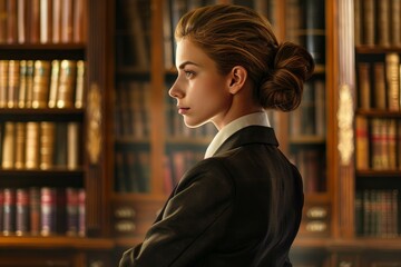 Confident and successful young professional woman in business attire and classic bun hairstyle. Wearing a stylish suit. Is seen in a side profile at a serene