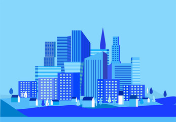Modern minimalistic cityscape. Modern highrise buildings with lights. Beautiful city panorama and landscape. Skyscrapers near park. Creativity and art. Linear vector illustration