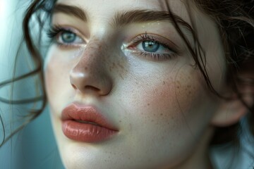 Fototapeta premium Highresolution image capturing the details of a woman's freckled face and striking blue eyes