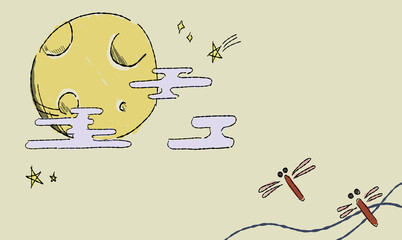 星で彩る、お月見の背景イラスト、とんぼとともに。ペン画風の手描きタッチ。 　模様付き。 © chockwhooll