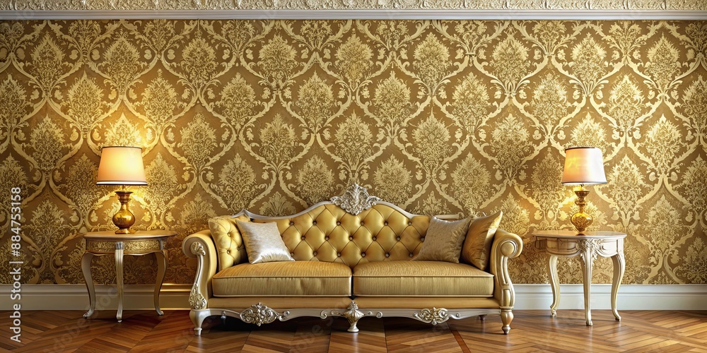 Wall mural Luxurious golden damask wallpaper for a grand living room, golden, luxurious, elegant, timeless, grand