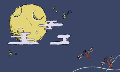 星空のお月見背景イラスト、とんぼとともに。ペン画風の手描きタッチ。　模様付き。 © chockwhooll