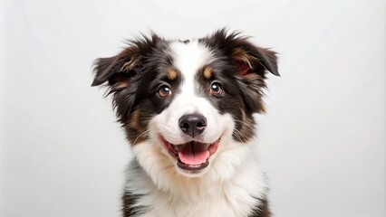 Fototapeta premium Fluffy border collie puppy staring with a big grin at the camera on a white background, border collie, dog, puppy, fluffy