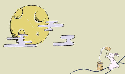 Fototapeta premium ベージュのお月見の背景イラスト、餅を搗くうさぎとともに。ペン画風の手描きタッチ。模様付き。